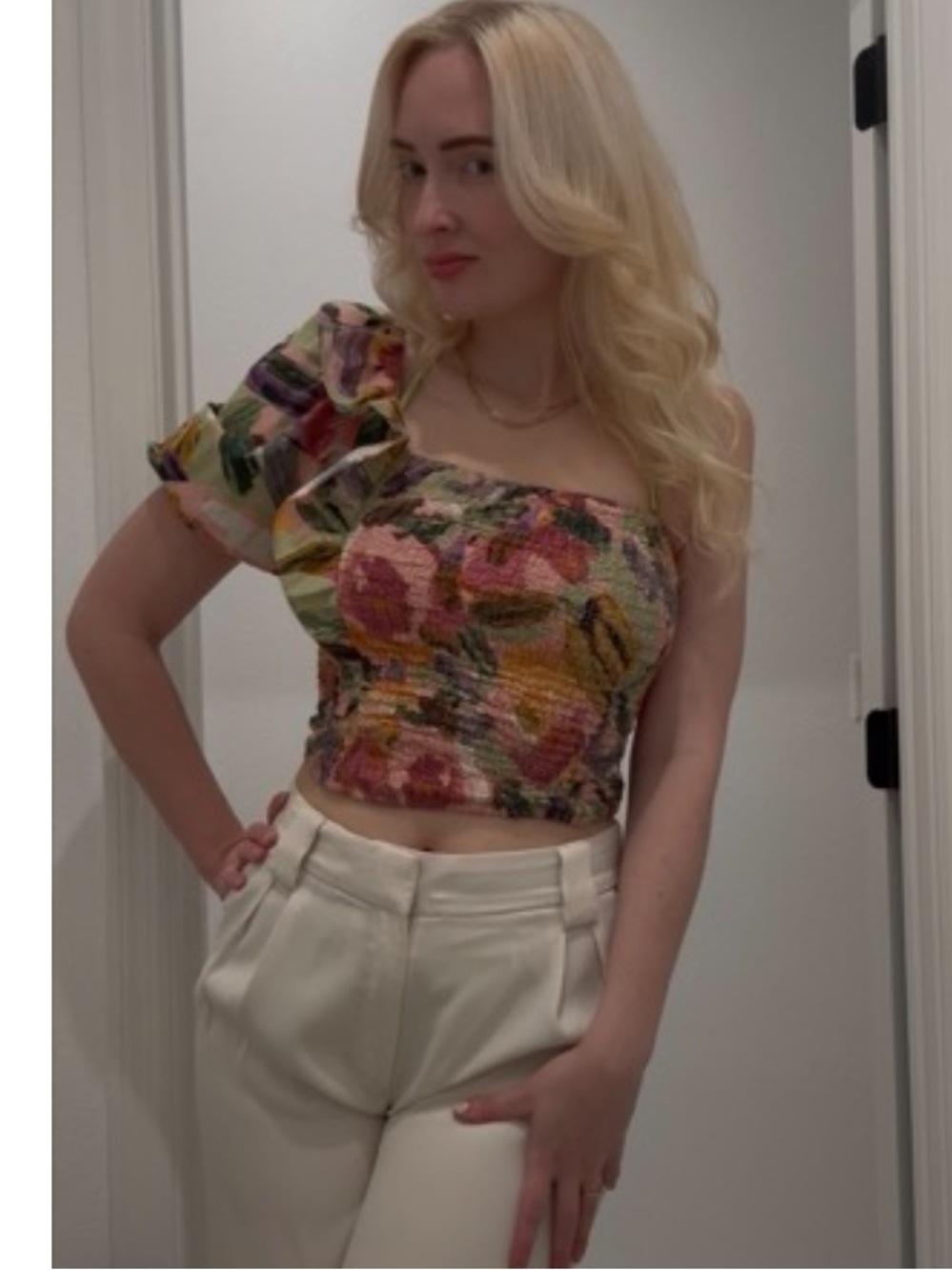 Zara Multicolor Floral One-Shoulder Smocked Crop Top